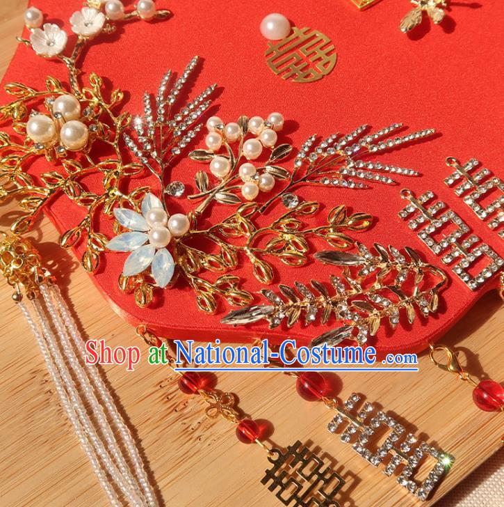 China Ancient Princess Crystal Flowers Fan Handmade Hanfu Red Silk Fan Traditional Wedding Palace Fan