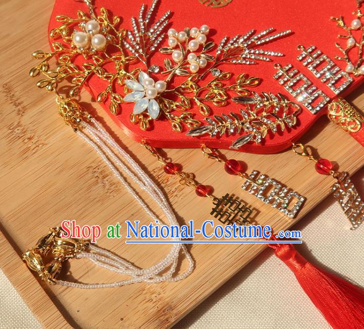 China Ancient Princess Crystal Flowers Fan Handmade Hanfu Red Silk Fan Traditional Wedding Palace Fan