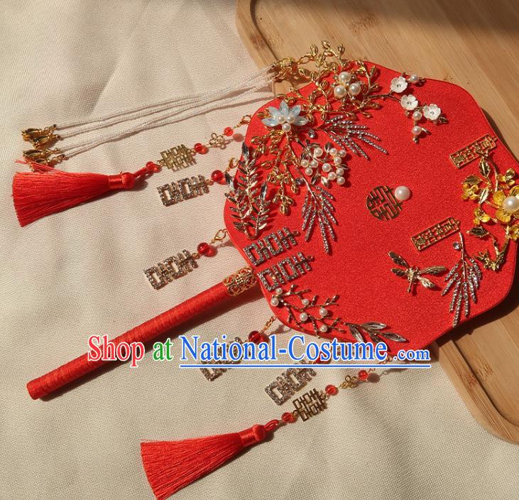 China Ancient Princess Crystal Flowers Fan Handmade Hanfu Red Silk Fan Traditional Wedding Palace Fan