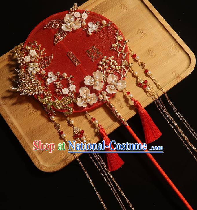 China Traditional Wedding Silk Fan Classical Dance Red Tassel Circular Fan Handmade Bride Shell Plum Palace Fan