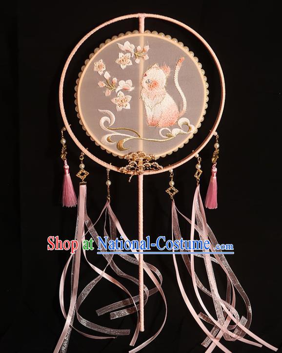 China Traditional Wedding Pink Silk Fan Classical Dance Embroidered Cat Circular Fan Handmade Bride Ribbon Tassel Palace Fan