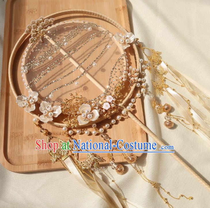 China Handmade Hanfu Silk Fan Traditional Wedding Palace Fan Ancient Princess Ribbon Tassel Circular Fan