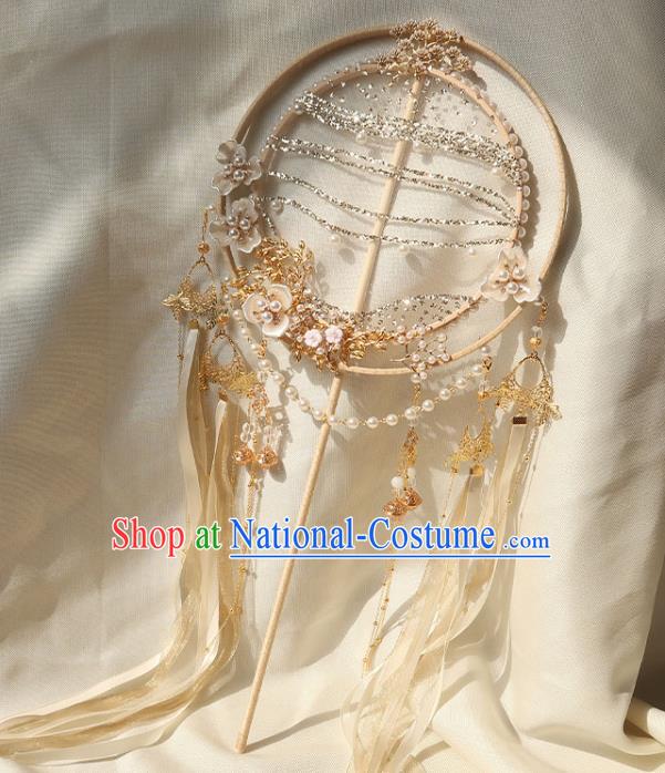 China Handmade Hanfu Silk Fan Traditional Wedding Palace Fan Ancient Princess Ribbon Tassel Circular Fan