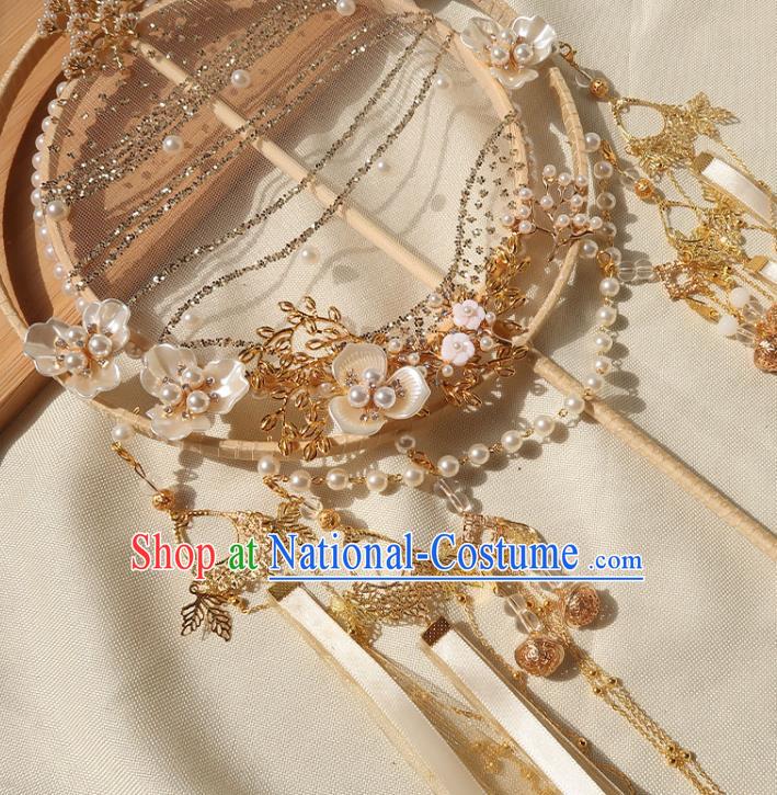 China Handmade Hanfu Silk Fan Traditional Wedding Palace Fan Ancient Princess Ribbon Tassel Circular Fan