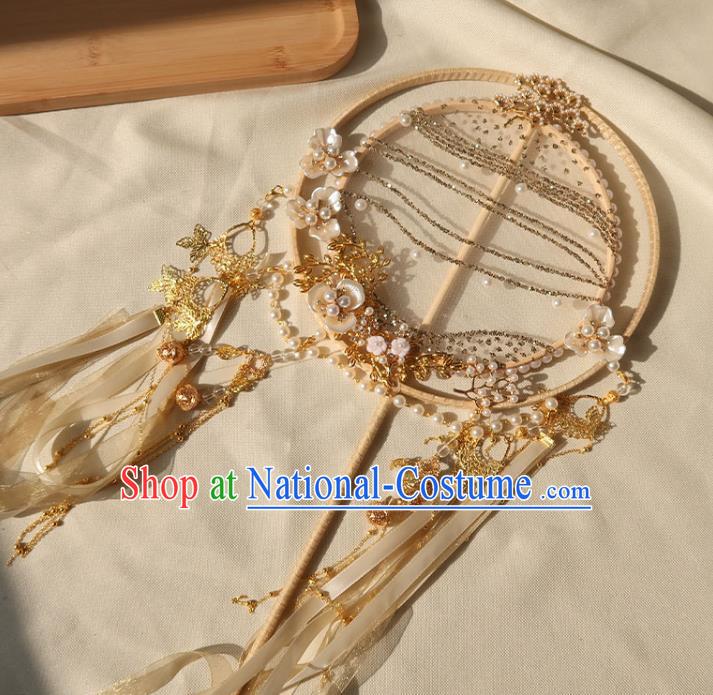 China Handmade Hanfu Silk Fan Traditional Wedding Palace Fan Ancient Princess Ribbon Tassel Circular Fan