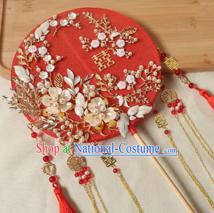 China Traditional Wedding Red Palace Fan Handmade Hanfu Fan Ancient Princess Plum Blossom Circular Fan