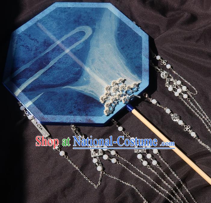 China Traditional Wedding Tassel Palace Fan Handmade Hanfu Fan Ancient Princess Blue Silk Circular Fan