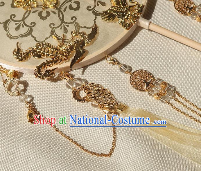 China Traditional Wedding Beige Ribbon Tassel Palace Fan Ancient Princess Silk Circular Fan Handmade Hanfu Fan