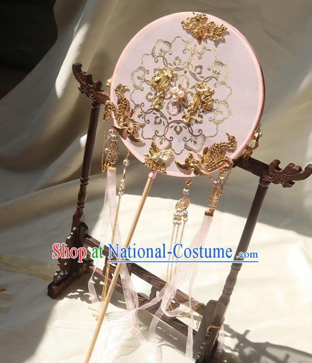 China Ancient Princess Pink Silk Circular Fan Handmade Hanfu Fan Traditional Wedding Ribbon Tassel Palace Fan