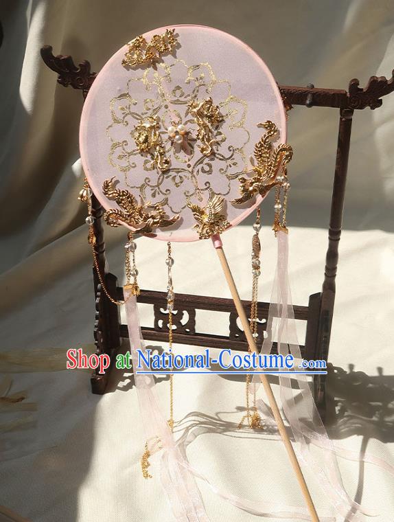 China Ancient Princess Pink Silk Circular Fan Handmade Hanfu Fan Traditional Wedding Ribbon Tassel Palace Fan