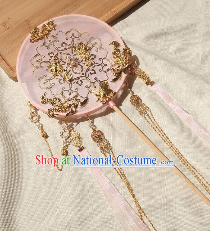 China Ancient Princess Pink Silk Circular Fan Handmade Hanfu Fan Traditional Wedding Ribbon Tassel Palace Fan