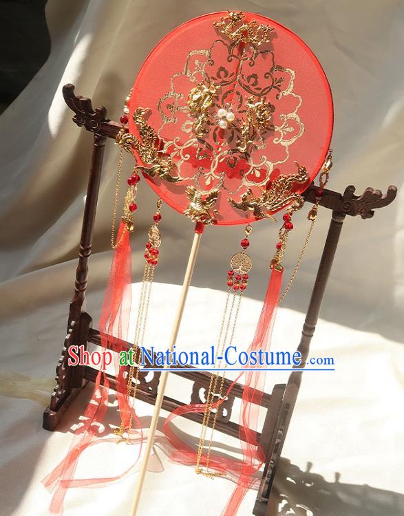 China Traditional Wedding Red Ribbon Tassel Palace Fan Ancient Princess Circular Fan Handmade Hanfu Silk Fan