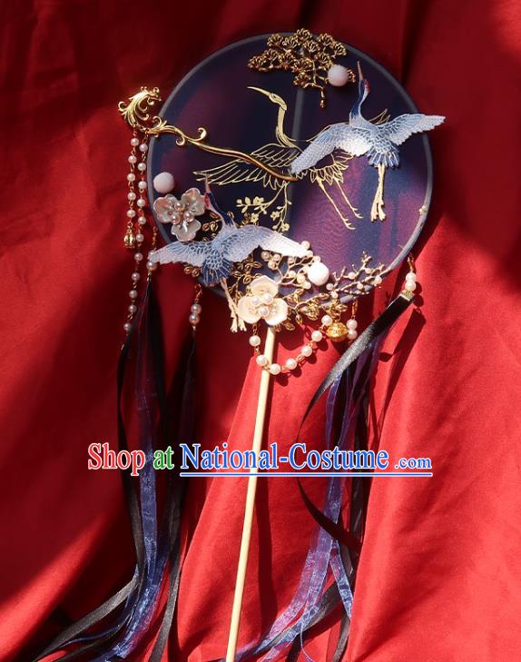 China Traditional Wedding Embroidered Crane Palace Fan Ancient Princess Circular Fan Handmade Hanfu Deep Blue Silk Fan