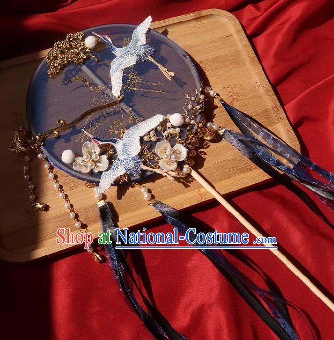 China Traditional Wedding Embroidered Crane Palace Fan Ancient Princess Circular Fan Handmade Hanfu Deep Blue Silk Fan