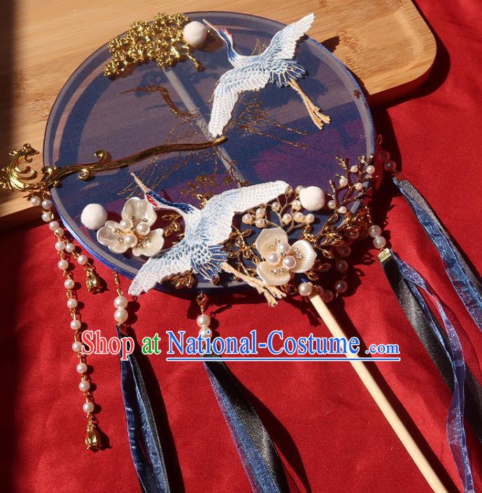 China Traditional Wedding Embroidered Crane Palace Fan Ancient Princess Circular Fan Handmade Hanfu Deep Blue Silk Fan