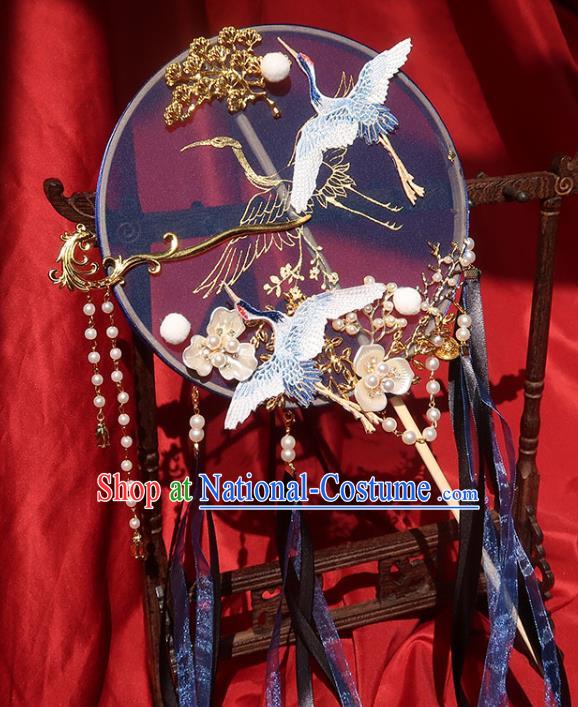 China Traditional Wedding Embroidered Crane Palace Fan Ancient Princess Circular Fan Handmade Hanfu Deep Blue Silk Fan