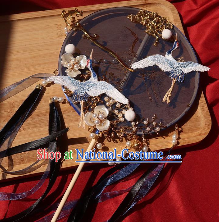 China Traditional Wedding Embroidered Crane Palace Fan Ancient Princess Circular Fan Handmade Hanfu Deep Blue Silk Fan