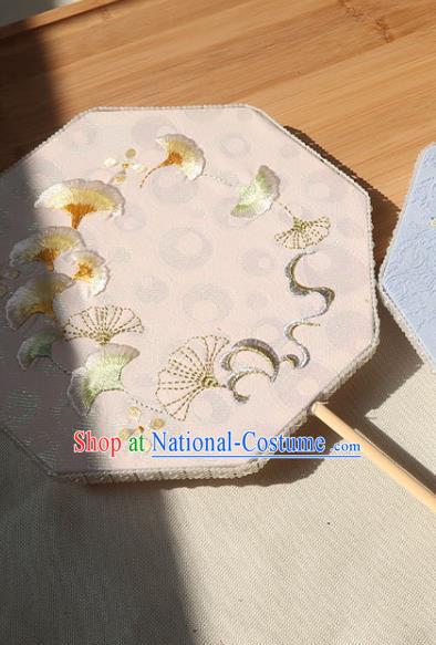 China Traditional Wedding Embroidered Ginkgo Palace Fan Ancient Princess Octagon Fan Handmade Hanfu Beige Silk Fan