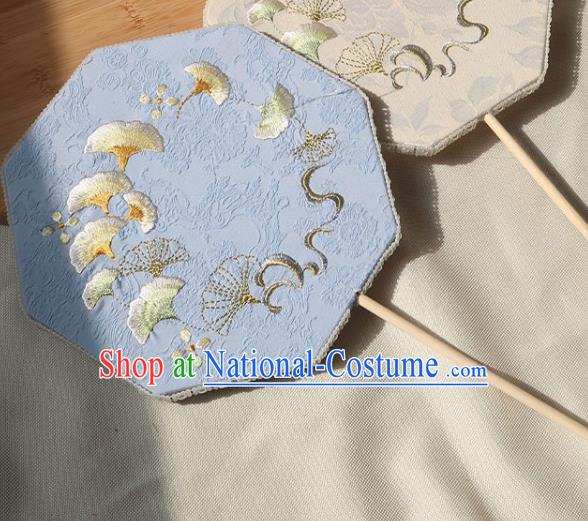 China Traditional Fan Ancient Princess Octagon Fan Handmade Hanfu Blue Silk Fan Wedding Embroidered Ginkgo Palace