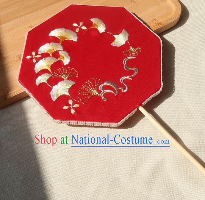 China Traditional Wedding Embroidered Ginkgo Palace Fan Ancient Princess Octagon Fan Handmade Hanfu Red Silk Fan