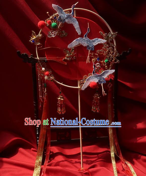 China Traditional Wedding Red Silk Palace Fan Ancient Princess Circular Fan Handmade Hanfu Embroidered Cranes Fan