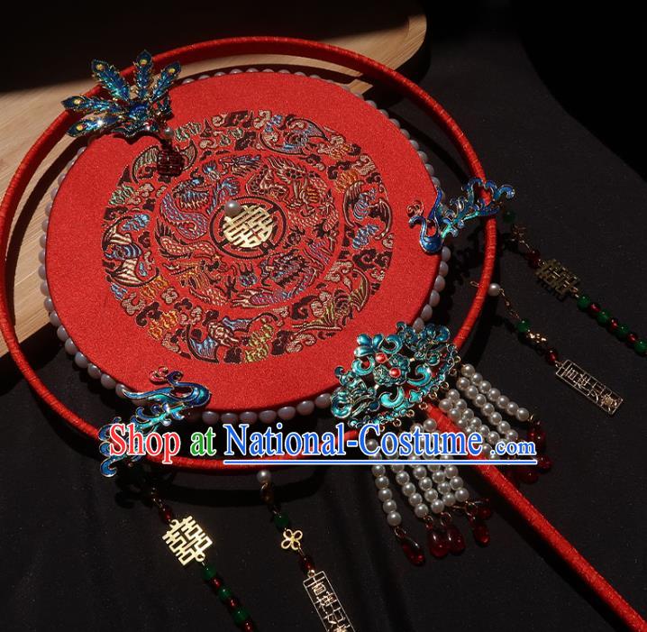 China Traditional Wedding Blueing Phoenix Palace Fan Handmade Hanfu Embroidered Fan Ancient Princess Red Circular Fan