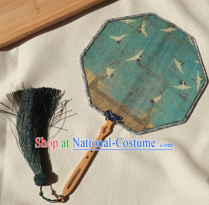 China Classical Printing Cranes Octagon Fan Traditional Wedding Palace Fan Handmade Hanfu Green Silk Fan