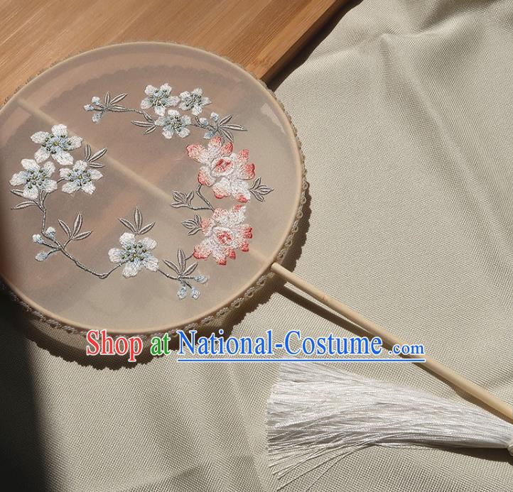 China Traditional Wedding Palace Fan Handmade Hanfu Light Pink Silk Fan Classical Embroidered Peach Blossom Circular Fan