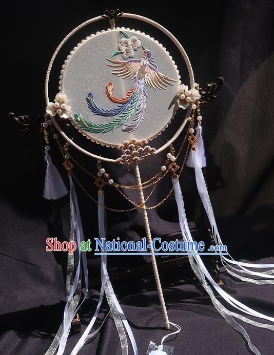 China Classical Embroidered Phoenix Circular Fan Traditional Wedding Palace Fan Handmade Hanfu White Silk Fan