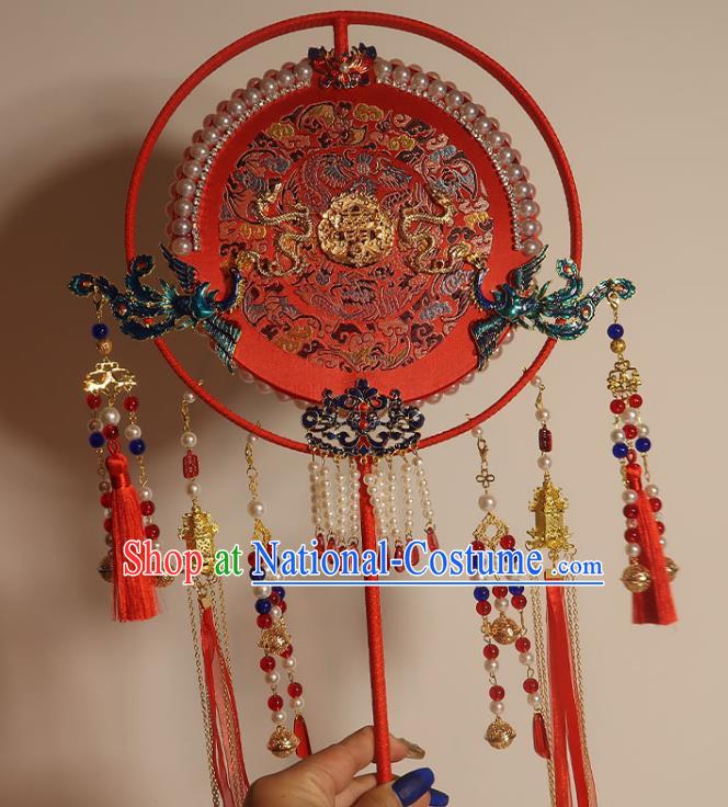 China Classical Dance Cloisonne Phoenix Circular Fan Traditional Wedding Red Silk Fan Handmade Bride Embroidered Palace Fan