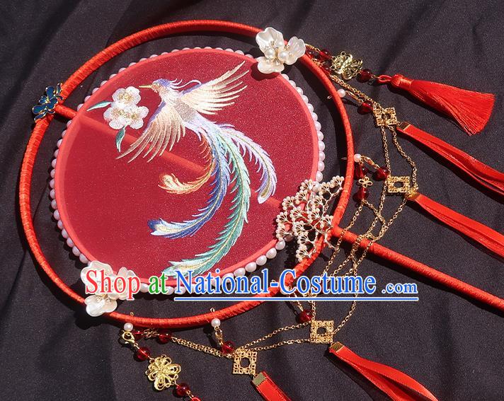 China Handmade Hanfu Red Silk Fan Classical Embroidered Phoenix Circular Fan Traditional Wedding Bride Palace Fan