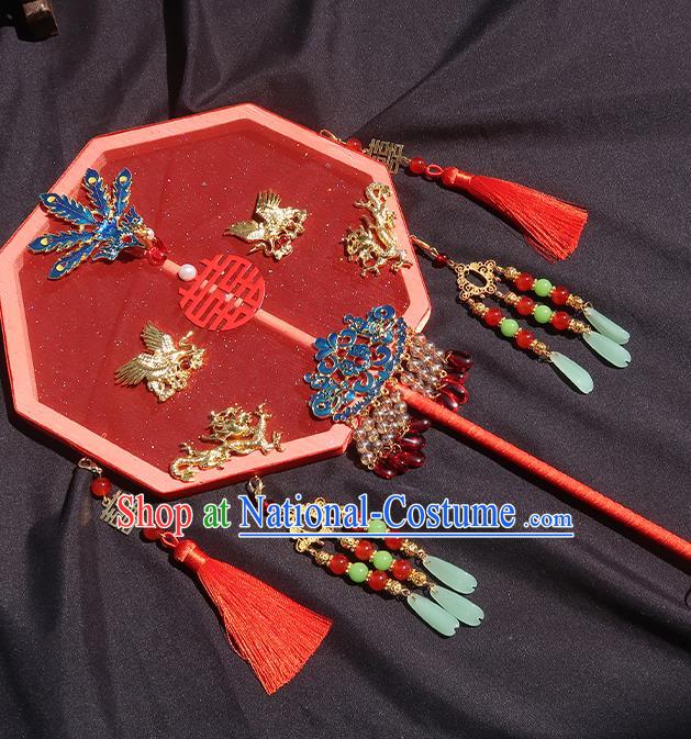 China Handmade Blueing Phoenix Palace Fan Classical Octagon Fan Traditional Wedding Red Silk Hanfu Fan