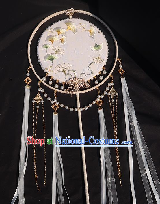 China Handmade Embroidered Ginkgo Palace Fan Classical Hanfu Fan Traditional Wedding White Silk Ribbon Fan