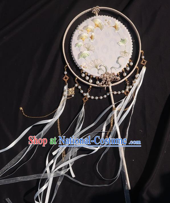 China Traditional Wedding Ribbon Tassel Fan Classical Hanfu White Silk Fan Handmade Embroidered Ginkgo Palace Fan