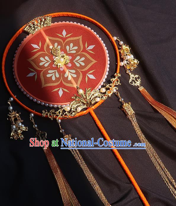 China Traditional Wedding Red Silk Fan Classical Hanfu Tassel Fan Handmade Palace Fan