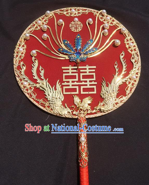 China Traditional Wedding Circular Fan Classical Hanfu Red Silk Fan Handmade Blueing Phoenix Palace Fan