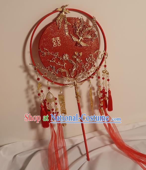 China Traditional Wedding Plum Blossom Silk Fan Handmade Bride Palace Fan Classical Dance Golden Phoenix Circular Fan