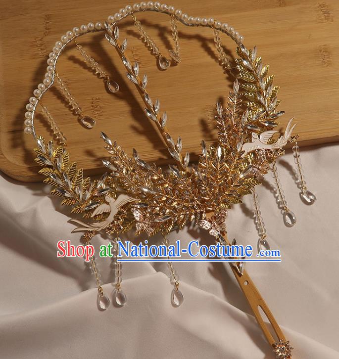 China Classical Dance Crystal Fan Handmade Bride Palace Fan Traditional Wedding Prop Beads Tassel Fan