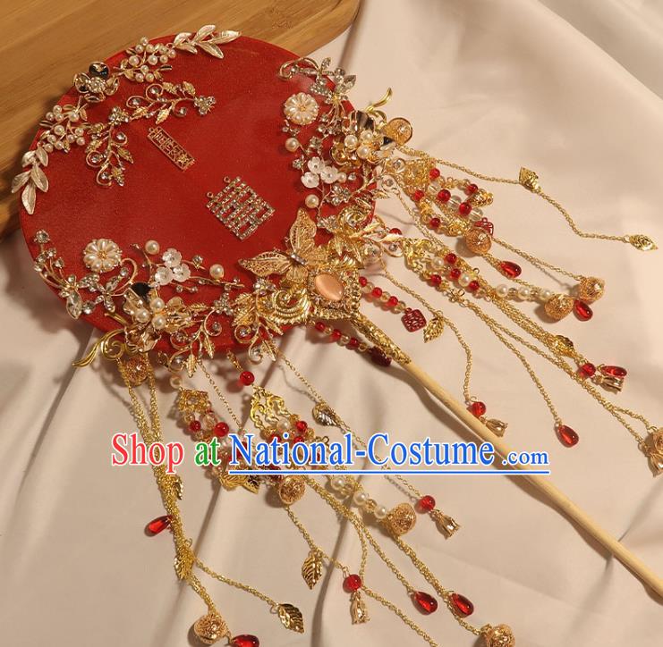 China Handmade Bride Red Silk Palace Fan Classical Dance Circular Fan Traditional Wedding Golden Butterfly Tassel Fan