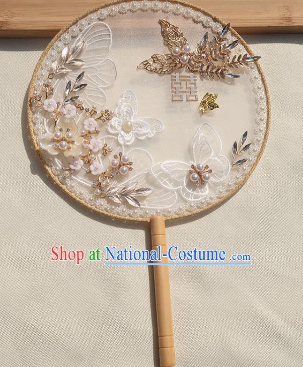 China Traditional Wedding Pearls Fan Classical Dance Silk Fan Handmade Bride Lace Butterfly Palace Fan