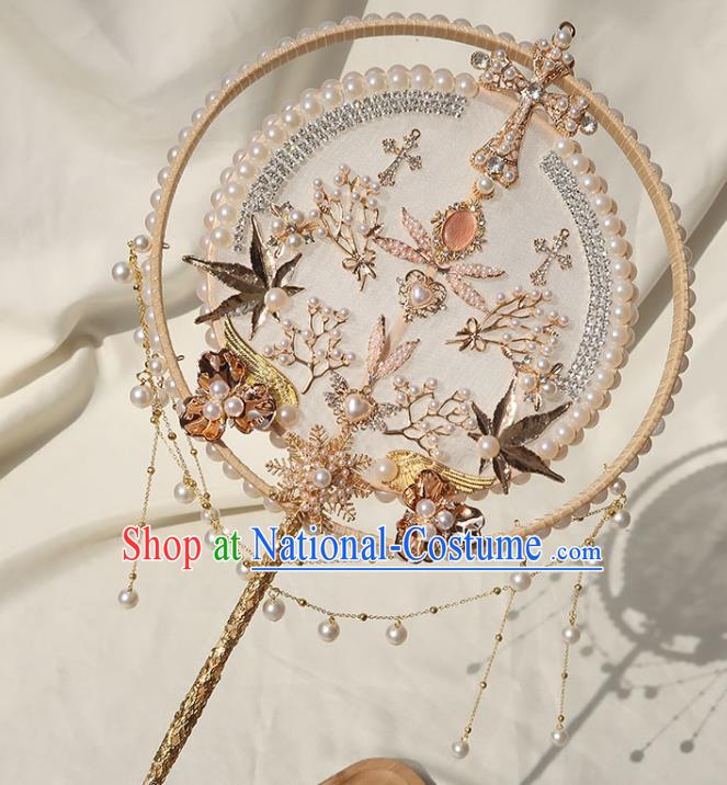 China Traditional Wedding Circular Fan Classical Dance Pearls Fan Handmade Bride White Silk Palace Fan