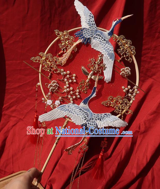 China Handmade Bride Hollowed Palace Fan Classical Dance Fan Traditional Wedding Embroidered Cranes Circular Fan