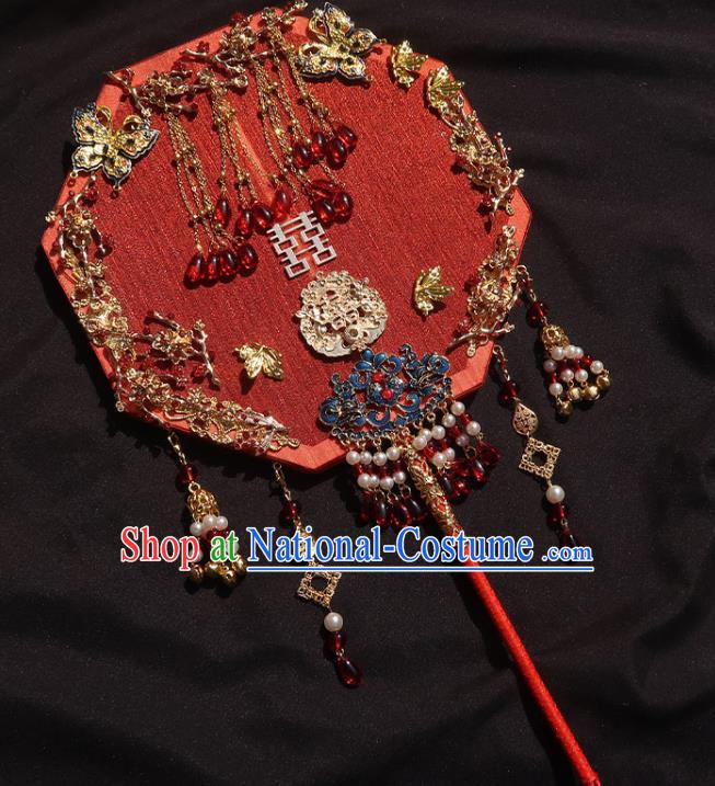 China Traditional Wedding Octagon Fan Classical Dance Silk Fan Handmade Bride Red Palace Fan