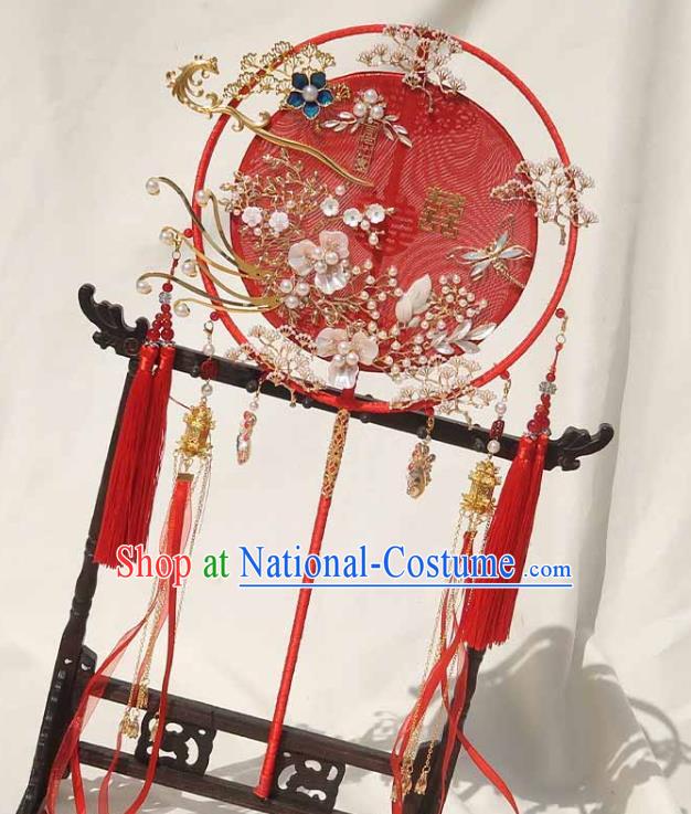 China Handmade Hanfu Red Ribbon Tassel Fan Bride Palace Fan Traditional Wedding Silk Circular Fan