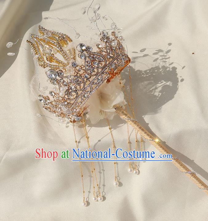 Handmade Queen Golden Royal Crown Sceptre Top Grade Wedding Crystal Bridal Bouquet Bride White Veil Cane