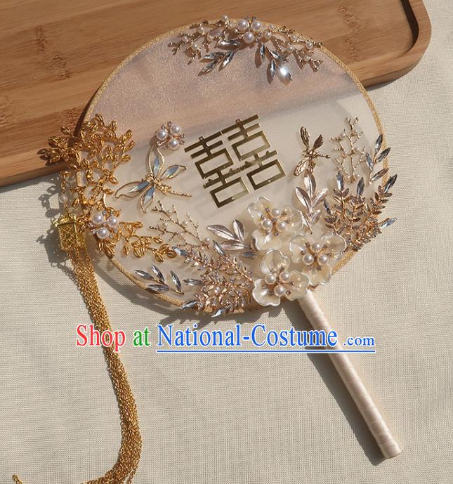 China Traditional Wedding Circular Fan Classical Dance White Silk Fan Handmade Bride Shell Flowers Palace Fan