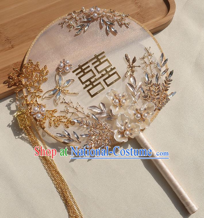 China Traditional Wedding Circular Fan Classical Dance White Silk Fan Handmade Bride Shell Flowers Palace Fan