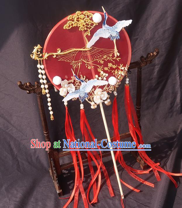 China Bride Red Ribbon Palace Fan Traditional Wedding Circular Fan Handmade Hanfu Bride Fan