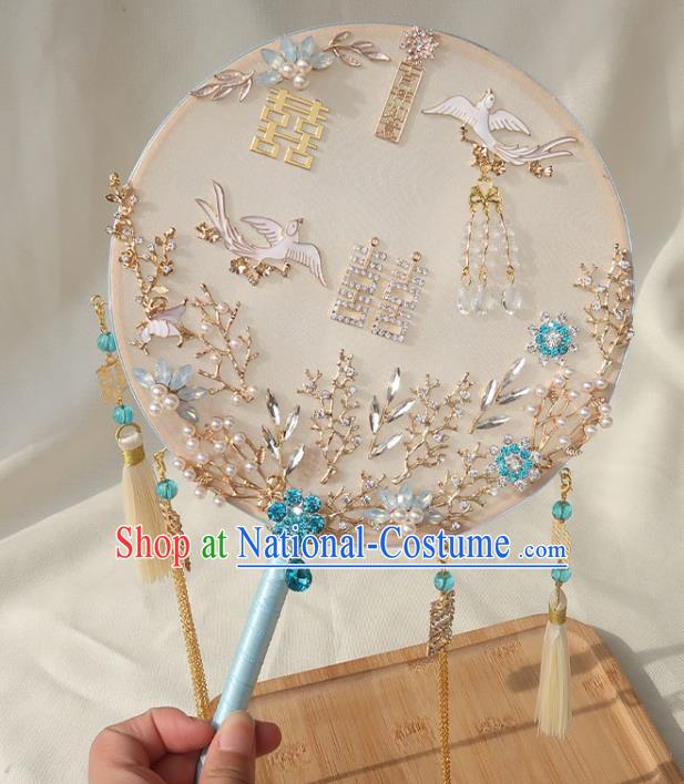 China Bride Blue Crystal Palace Fan Traditional Wedding Tassel Circular Fan Handmade Hanfu Beige Silk Fan