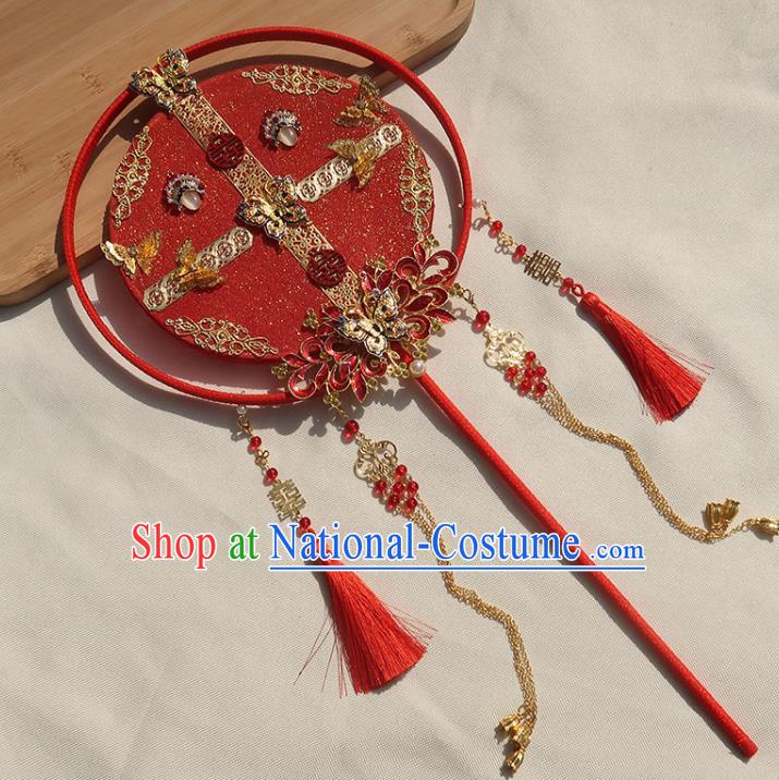 China Classical Dance Cloisonne Butterfly Fan Handmade Bride Red Palace Fan Traditional Wedding Tassel Circular Fan